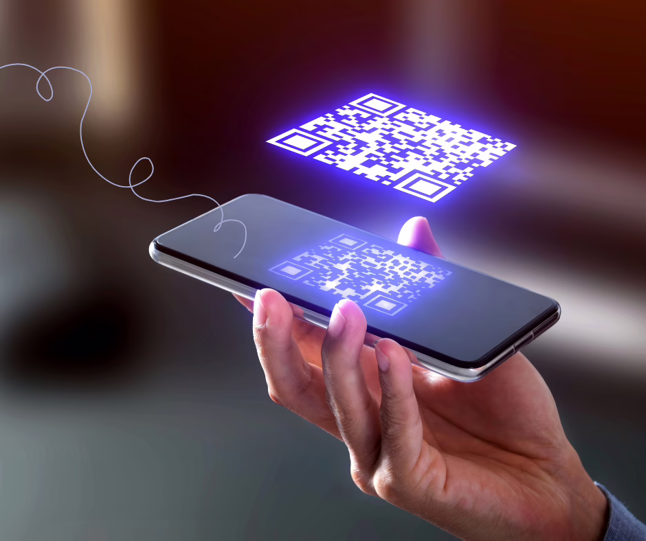 A holographic purple QR code floating above an iPhone with the same QR code being held by a hand